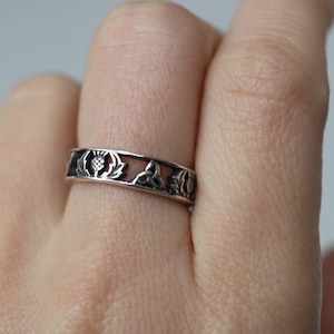 Scottish Thistle and Trinity Knot 925 Sterling Silver Band