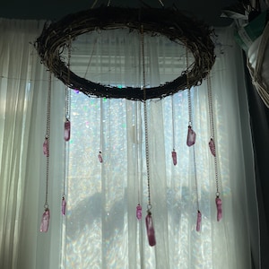 Cottagecore Whimsy Decor Hanging Pink Aura Quartz Crystal Wreath