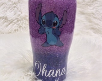 Personalized Disney Lilo and Stitch Ohana 20 or 30 ounce Glitter Tumbler