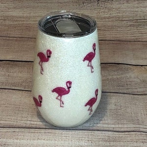 Personalized Flamingo Glitter Wine Tumbler - Stemless Wine Glass
