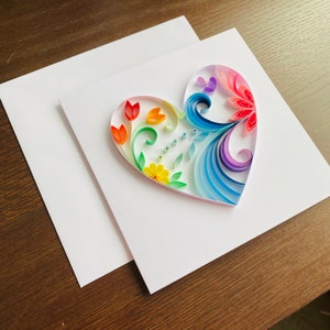 Rainbow Heart Card, Handmade Quilling Art makes each one unique - Personalised with the message of your choice, anniversary, Valentine’s day