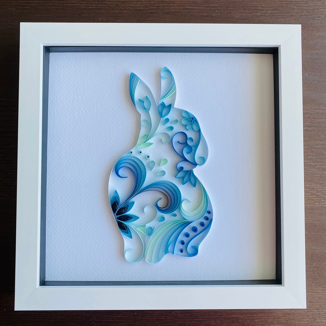 Bunny Rabbit Quilling Art in White Box Frame New Baby Nursery Decor Can