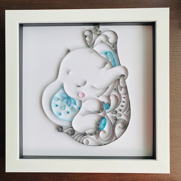 Sleepy Baby Elephant in mummy’s trunk quilling art in a frame - great nursery bedroom wall art - can be personalised