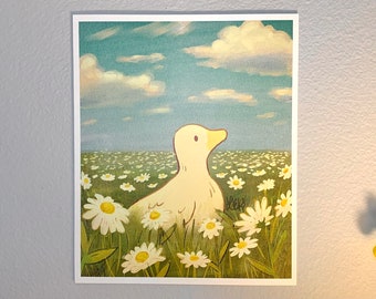 Hopeful Duck in a Daisy Meadow Art Print // flowers, goose, Nature, Cute, Decor, Handmade