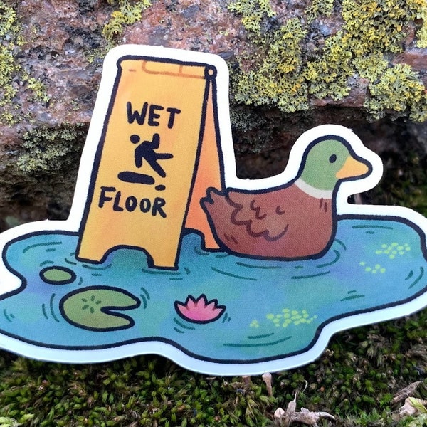 Duck Wet Floor Pond Vinyl Sticker // Weatherproof Sticker for Car Sticker for Water bottle Sticker for Laptop Decal Whimsical Cute Duck Art