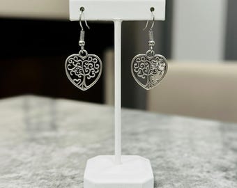 Pendientes ~ Árbol de la Vida ~ Corazón ~ Acero Inoxidable y Plata Tibetana