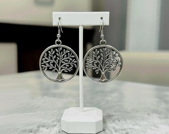 Pendientes ~ Árbol de la Vida ~ Redondos ~ Acero Inoxidable y Plata Tibetana