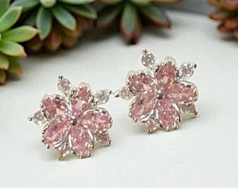 Pendientes ~ Flores de cristal rosa ~ Acero inoxidable