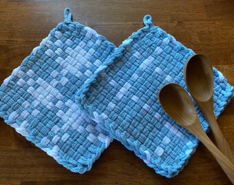 Soup for Two Handmade Potholder and Wood Spoon Gift Set (Light Blue and White)