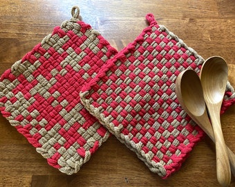 Soup for Two Handmade Potholder and Wood Spoon Gift Set (Red and Gingerbread)