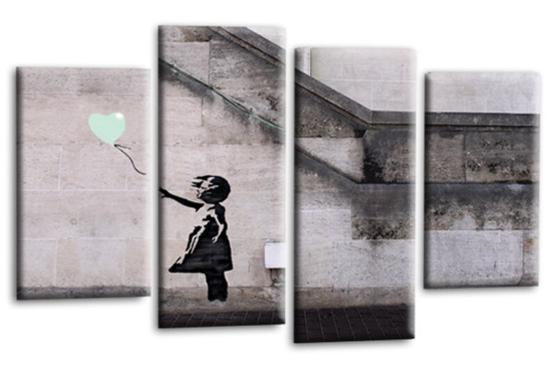 BANKSY ART PICTURE DUCK EGG GREY CANVAS GIRL WITH BALLOON WALL 4 PANEL 44/"x 27/"