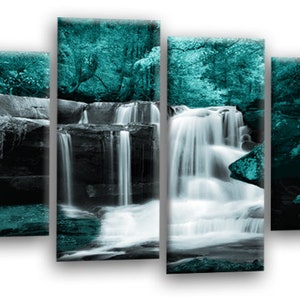 Waterfall Art Print Forest Trees Teal Grey Framed Split Wall Canvas Picture Ready to Hang