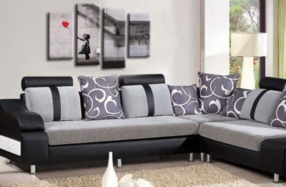 Banksy Wall Art Grey White Yellow Girl Balloon Canvas Abstract Split Picture