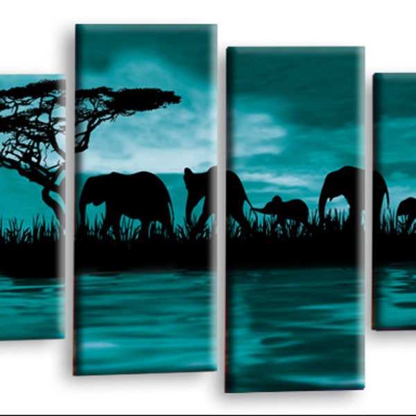 Elephant Wall Art Print Sunset Animal Teal Grey Framed Split Canvas Picture Print Ready to Hang