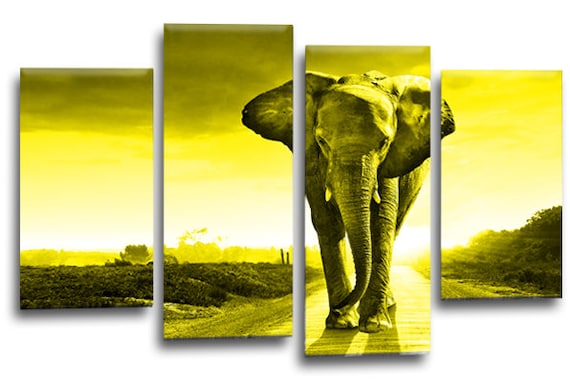 ELEPHANT SUNSET Canvas Wall Art Picture Brown Grey Split Multi 4 Panel 44/"