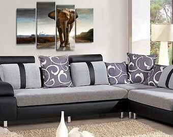 ELEPHANTS GREY WHITE SUNSET WATER CANVAS PICTURE WALL ART SPLIT PANEL 112cm New 