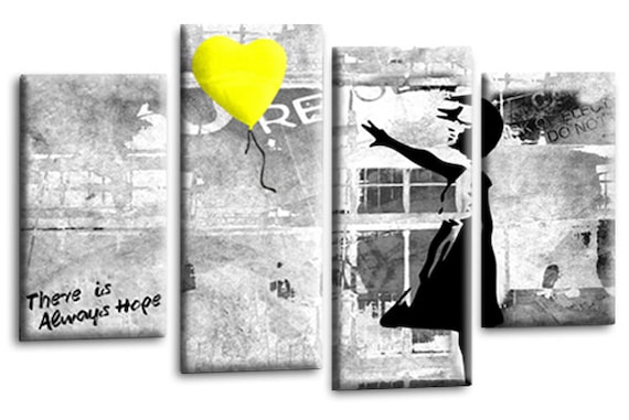 LARGE BANKSY CANVAS ART PICTURE RED GREY BALLOON GIRL WALL PRINT 4 PANELS