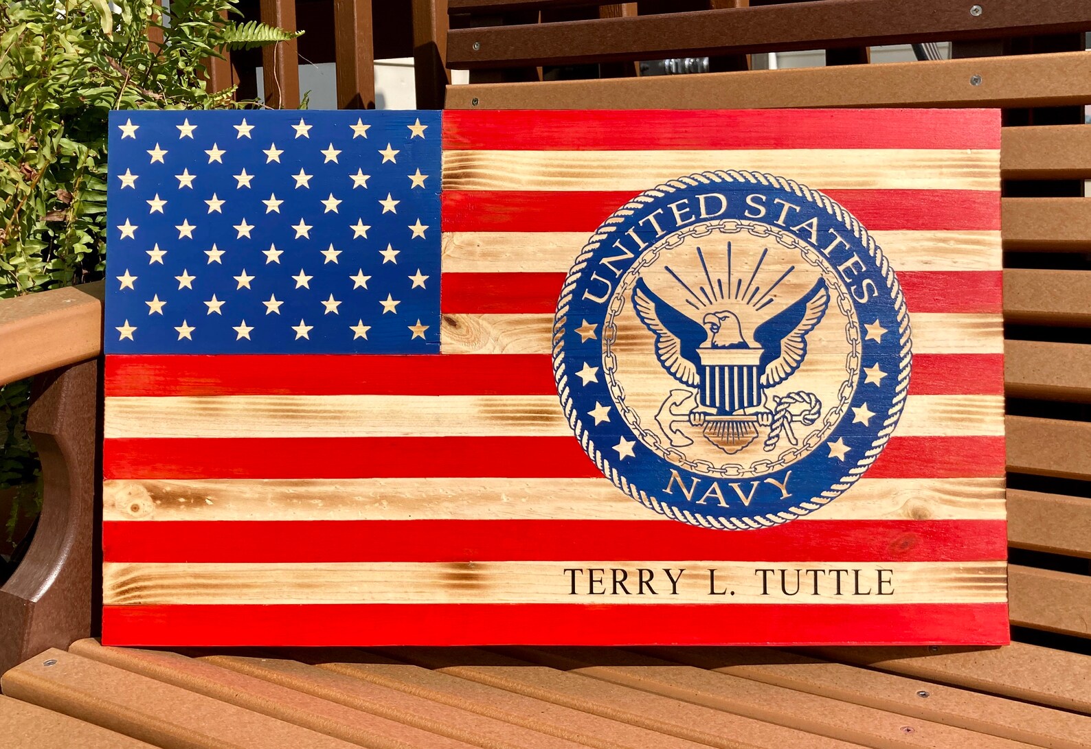 Navy Wood Flag Personalized 23.5 x 13 Burned Wood Inlay Etsy