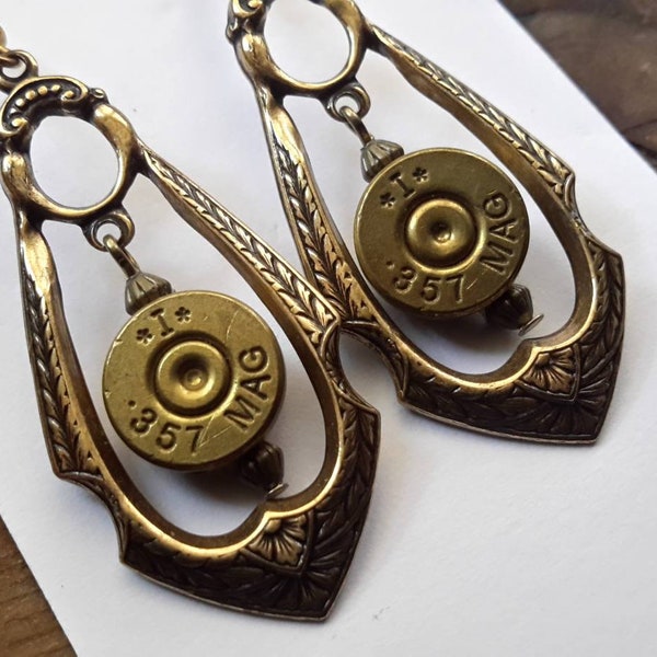 Gold Colored and Brass 357 Mag Bullet Pendant Earrings