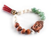 Jade, Howlite, Sandalwood and Sterling Silver 10mm Mala Bracelet with Resin Buddha Head and Red Tassel