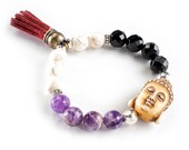 Faceted Amethyst, Onyx and Howlite with Sterling Silver 10mm Mala Bracelet with Buddha Head and Red Tassel