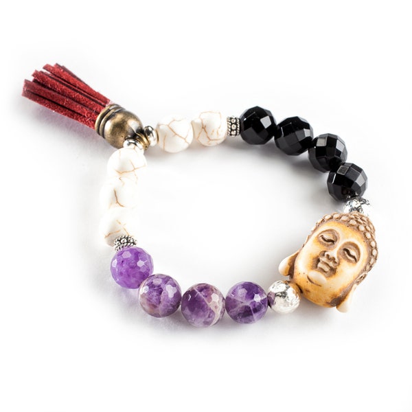 Améthyste à facettes, Onyx et Howlite avec 10mm Mala Bracelet en argent Sterling avec tête de Bouddha et pompon rouge