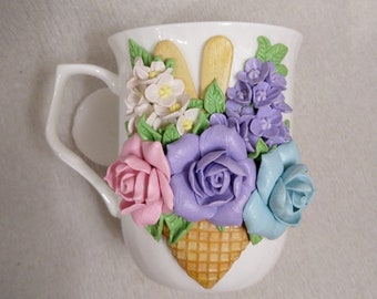 Mug Ice Cream / Spoon Ice Cream Cone / Dessert Mug / Polymer Clay Mug / Cup Handmade / Decorated Spoon / Mug Decor / Tasty Mug / Flower Set
