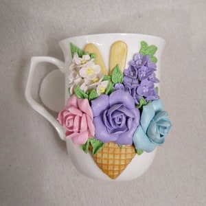 Becher Eis / Löffel Eis Kegel / Dessert Becher / Polymer Clay Becher / Tasse handgefertigt / dekoriert Löffel / Becher Dekor / leckere Nk / Blume Set