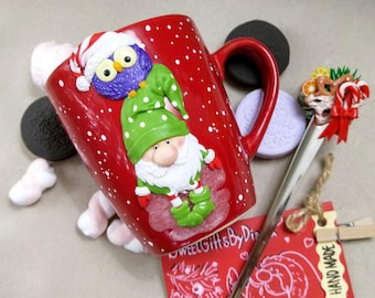 Cute Gnome, Gnome Mug Cup, Christmas Gift Ideas, Christmas Mug, Unique Gnome,  Christmas Gift, Polymer clay Mug Cup