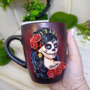 Mexican Skull Mug Sugar Skull  Cup Santa Muerte Gift Skull Gifts Day of the Dead Mexican Decor Skull Dead Girl Roses Calavera Gothic Skull