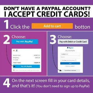 May include: A purple background with a step-by-step guide on how to pay with a credit card on a website. The guide shows how to click the "Add to cart" button, choose to pay with a debit or credit card, and then fill in your card details. The text says "Don't have a PayPal account? I accept credit cards!"