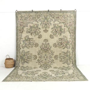 7x11 Beige Vintage Turkish Handwoven Rug - Beige Wool Area Rug for Kitchen, Unique Oriental Oushak Rug, Antique Carpet for Farmhouse Decor