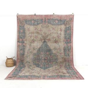 7x11 Beige Vintage Turkish Handmade Rug - Beige Wool Area Rug for Kitchen, Unique Oriental Oushak Carpet, Antique Rug for Interior Design