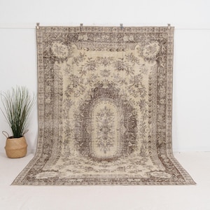 7x10 Beige Vintage Turkish Handmade Rug | Beige Wool Area Rug for Living Room, Unique Oriental Oushak Carpet, Antique Carpet for Home Decor