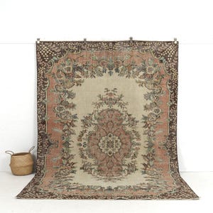 7x10 Beige Vintage Turkish Hand-Knotted Rug - 7x10 Wool Area Rug for Living Room, Oriental Oushak Carpet, Antique Rug for Interior Design