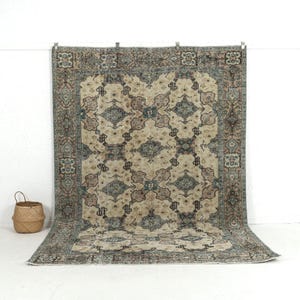 7x10 Beige Vintage Turkish Handmade Rug - Beige Wool Area Rug for Entryway, Unique Oriental Oushak Rug, Antique Carpet for Farmhouse Decor