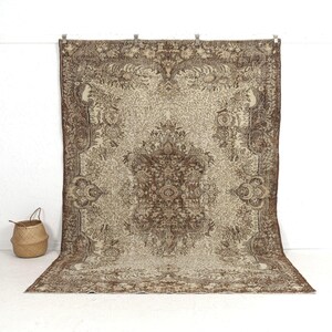 7x10 Beige Vintage Turkish Handmade Rug - Beige Wool Area Rug for Bedroom, Unique Oriental Oushak Rug, Antique Carpet for Interior Design