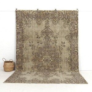 7x10 Beige Vintage Turkish Handwoven Rug - Beige Wool Area Rug for Bedroom, Unique Oriental Oushak Carpet, Antique Rug for Interior Design
