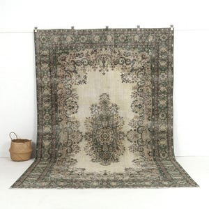 7x11 Beige Vintage Turkish Handmade Rug - Beige Wool Area Rug for Entryway, Unique Oriental Oushak Carpet, Antique Rug for Farmhouse Decor