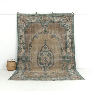 7x10 Beige Vintage Turkish Hand-Knotted Rug - Beige Wool Area Rug for Office, Unique Oriental Oushak Carpet, Antique Rug for Interior Design