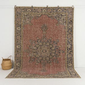 6x9 Red Vintage Turkish Wool Area Rug - Red Hand-Knotted Rug for Dining Room, Unique Oriental Oushak Carpet, Antique Rug for Home Decor