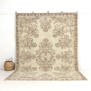 7x10 Beige Vintage Turkish Handmade Rug - Beige Wool Area Rug for Office, Unique Oriental Oushak Carpet, Antique Rug for Home Decor