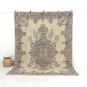 7x10 Beige Vintage Turkish Handwoven Rug - Beige Wool Area Rug for Entryway, Unique Oriental Oushak Rug, Antique Carpet for Farmhouse Decor