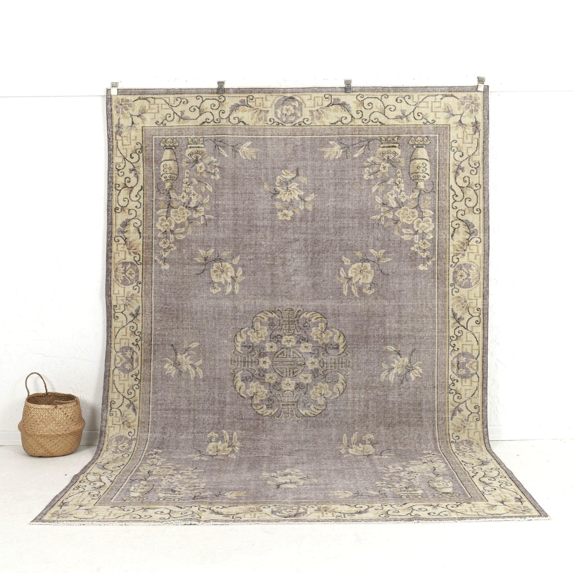 7x10 Purple Vintage Turkish Handmade Rug - Purple Wool Area Rug for Bedroom, Unique Oriental Oushak Rug, Antique Carpet for Interior Design