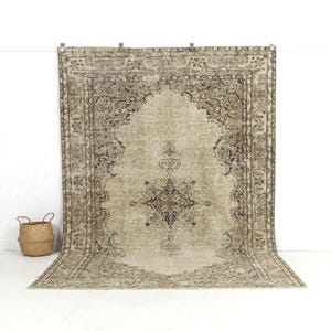 7x10 Beige Vintage Turkish Handmade Rug - Beige Wool Area Rug for Office, Unique Oriental Oushak Carpet, Antique Rug for Interior Design