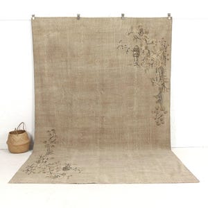 7x11 Beige Vintage Turkish Hand-Knotted Rug - Beige Wool Area Rug for Office, Unique Oriental Oushak Rug, Antique Carpet for Interior Design