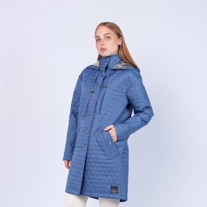 Stylish Long HOODED warmer Raincoat for Women – Waterproof Perfect RAINCOAT Trench Coat Women&#39;s Blue Color ladies Raincoat &#39;&#39;AMSTERDAM&quot; 398