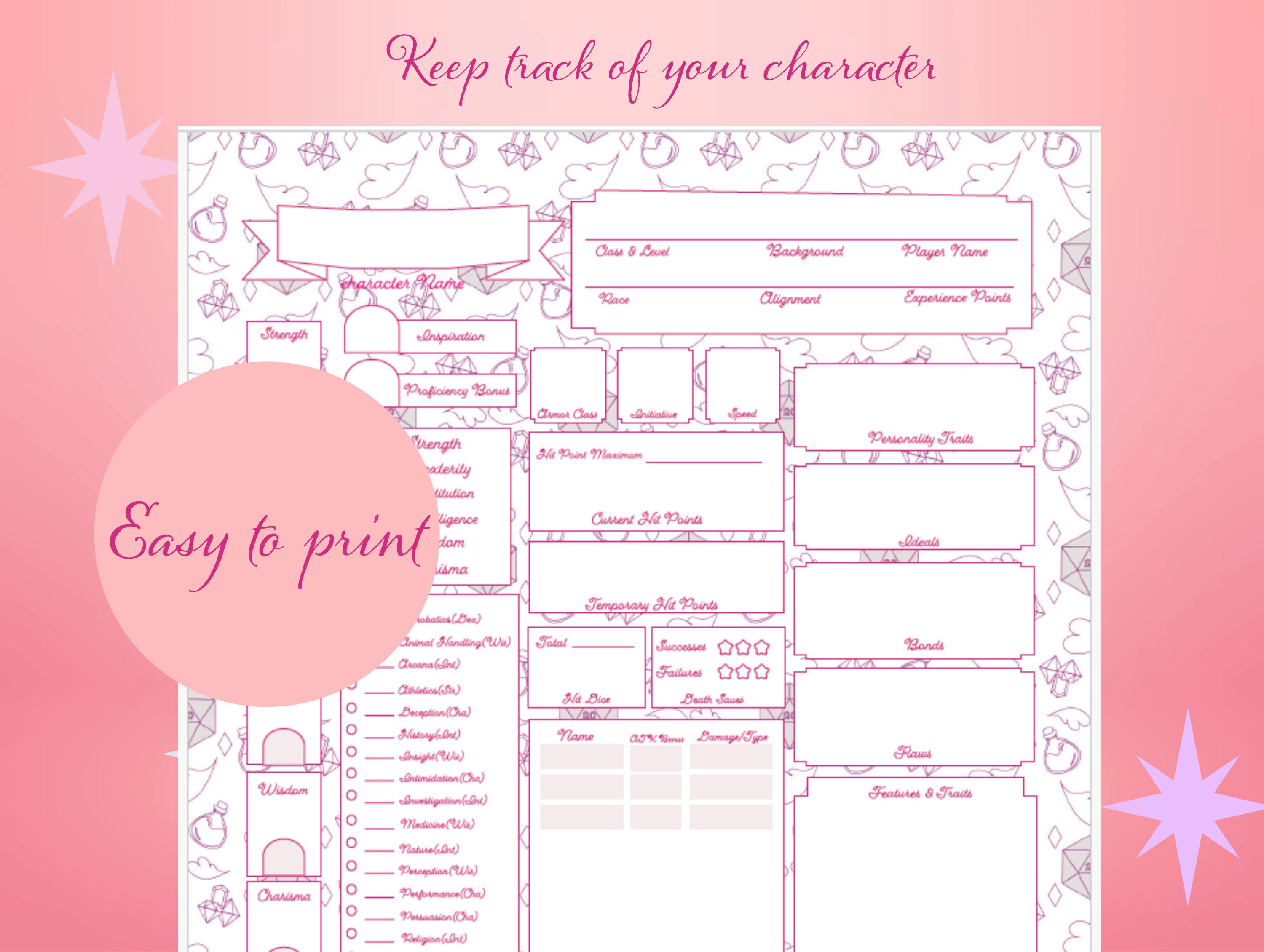 Printable DnD 5E Character Sheet - Pink