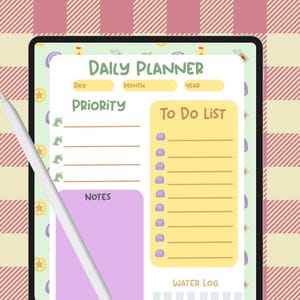 May include: A digital daily planner with a green background and cute cartoon illustrations. The planner includes sections for priority tasks, to-do list, notes, and a water log.