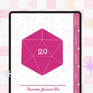 May include: A pink twenty-sided die with white lines, against a white background with a pattern of small pink and white flowers. The text "Character Journal For" is at the bottom of the image. The image has a pink and white checkered background.